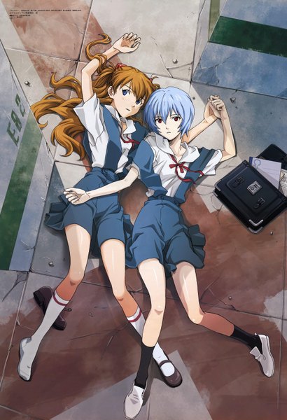 Anime picture 2052x3005 with neon genesis evangelion rebuild of evangelion evangelion: 2.0 you can (not) advance gainax soryu asuka langley ayanami rei long hair tall image highres short hair blue eyes red eyes multiple girls blue hair scan official art no shoes girl uniform 2 girls
