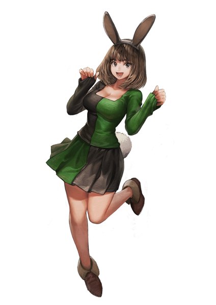 Anime picture 2480x3508 with dragon quest dragon quest xi jun (seojh1029) single tall image looking at viewer highres short hair breasts open mouth simple background smile brown hair large breasts standing white background brown eyes animal ears cleavage full body