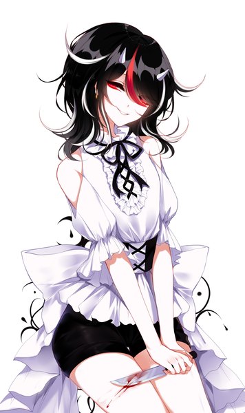 Anime picture 1900x3200 with touhou kijin seija sheya single tall image looking at viewer fringe highres black hair simple background smile hair between eyes red eyes white background holding head tilt multicolored hair horn (horns) alternate costume streaked hair