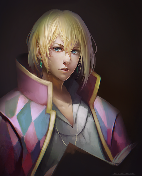 Anime picture 772x956 with howl's moving castle studio ghibli howl felicemelancholie single tall image looking at viewer fringe short hair blue eyes blonde hair parted lips lips boy earrings shirt white shirt pendant book (books)