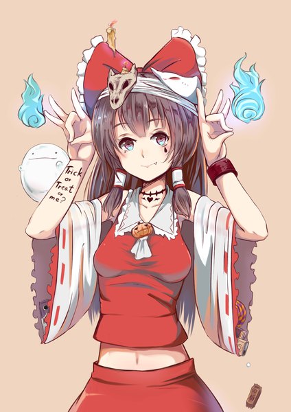 Anime picture 2893x4092 with touhou hakurei reimu aritsuno single long hair tall image looking at viewer highres blue eyes simple background smile brown hair brown eyes wide sleeves midriff fang (fangs) text facial mark halloween english