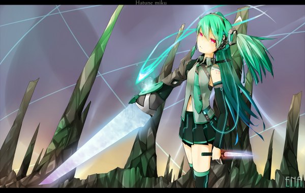 Anime picture 2800x1770 with vocaloid hatsune miku en@rain highres pink eyes green hair rock girl thighhighs weapon detached sleeves miniskirt necktie knife