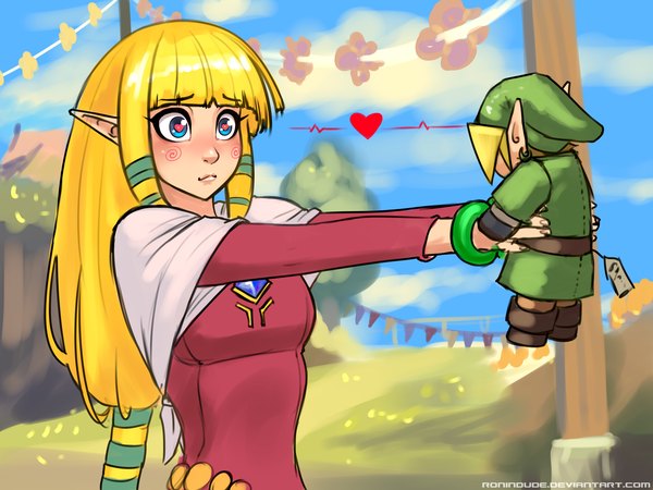 Anime picture 4000x3000 with the legend of zelda princess zelda link ronin dude (ray cornwell) long hair blush fringe highres short hair blue eyes blonde hair absurdres pointy ears elf girl boy earrings bracelet heart clothes