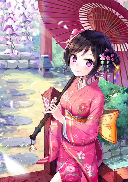 Anime picture 1075x1525 with original shoonia tall image looking at viewer blush short hair black hair smile purple eyes traditional clothes japanese clothes hair flower from above mole mole under eye girl hair ornament flower (flowers) petals kimono
