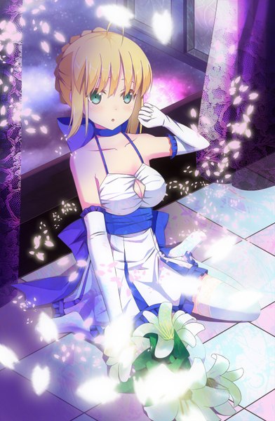 Anime picture 1080x1654 with fate (series) fate/stay night type-moon artoria pendragon (all) saber tianya beiming single tall image looking at viewer blush fringe short hair breasts sitting green eyes cleavage ahoge :o alternate costume zettai ryouiki