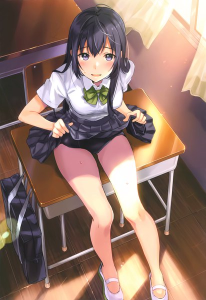 Anime picture 1477x2150 with original tan (tangent) single long hair tall image looking at viewer blush fringe open mouth light erotic black hair hair between eyes sitting purple eyes full body from above sunlight bare legs short sleeves sweat