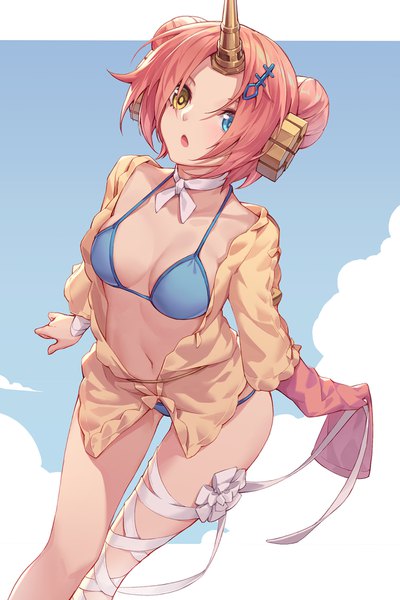 Anime picture 1200x1800 with fate (series) fate/grand order fate/apocrypha frankenstein's monster (fate) frankenstein's monster (swimsuit saber) (fate) nian (zhanian) single tall image looking at viewer blush fringe short hair breasts open mouth blue eyes light erotic standing holding yellow eyes pink hair