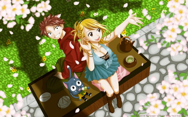 Anime picture 2560x1600 with fairy tail lucy heartfilia natsu dragneel happy (fairy tail) long hair highres short hair open mouth blonde hair smile wide image brown eyes pink hair pleated skirt from above black eyes grin cherry blossoms eating girl