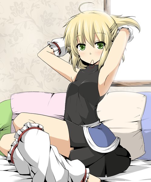 Anime picture 2057x2480 with touhou mizuhashi parsee suna (sunaipu) single tall image blush highres short hair blonde hair holding green eyes armpit (armpits) mouth hold hair tie in mouth girl pillow hair tie