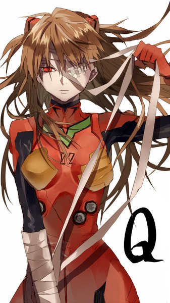 Anime picture 480x853 with neon genesis evangelion rebuild of evangelion evangelion: 3.0 you can (not) redo gainax soryu asuka langley tsukioka tsukiho single long hair tall image looking at viewer fringe simple background red eyes brown hair white background bandage over one eye girl bodysuit bandage (bandages) pilot suit