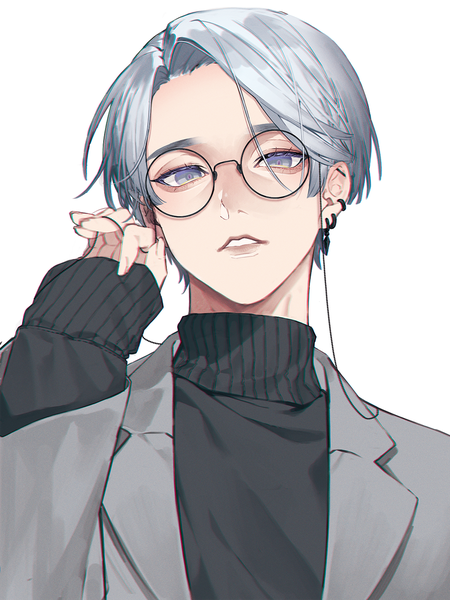 Anime-Bild 1000x1333 mit original otochi single tall image looking at viewer short hair simple background white background silver hair upper body long sleeves parted lips piercing sleeves past wrists ear piercing silver eyes adjusting glasses boy glasses turtleneck