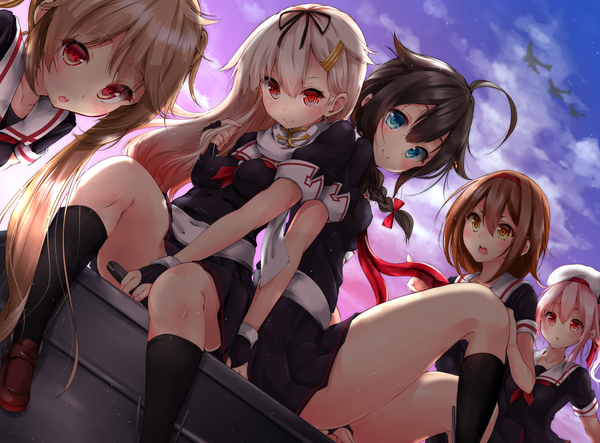 Anime picture 1082x800 with kantai collection shigure destroyer yuudachi destroyer murasame destroyer harusame destroyer shiratsuyu destroyer mokufuu long hair looking at viewer blush short hair open mouth blue eyes black hair smile red eyes brown hair sitting twintails multiple girls