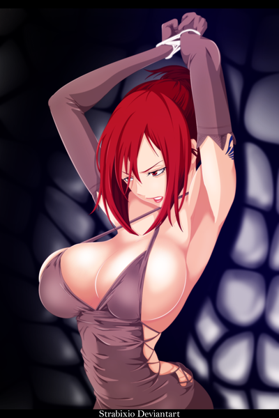 Anime picture 1256x1885 with fairy tail erza scarlet strabixio single tall image breasts light erotic red eyes large breasts red hair armpit (armpits) tattoo lipstick coloring bondage girl dress gloves elbow gloves