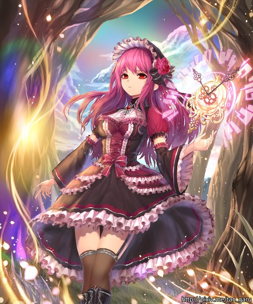 Anime picture 1000x1200 with original tanzzi single long hair tall image looking at viewer blush fringe red eyes pink hair sky cloud (clouds) frilled dress lolita fashion girl thighhighs dress plant (plants) hat detached sleeves