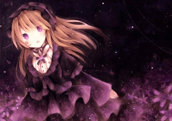 Anime picture 1012x713 with sound horizon roman violette wiriam07 single long hair looking at viewer blush open mouth brown hair purple eyes :o facial mark dark background lolita fashion traditional media girl dress flower (flowers) headdress