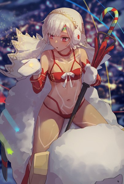 Anime picture 942x1400 with fate (series) fate/grand order altera (fate) altera the santa (fate) tesin (7aehyun) single tall image blush fringe short hair open mouth light erotic red eyes sitting bare shoulders holding looking away white hair blunt bangs christmas