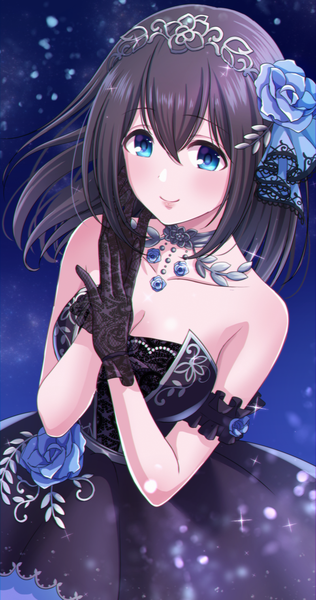 Anime picture 800x1520 with idolmaster idolmaster cinderella girls idolmaster cinderella girls starlight stage sagisawa fumika necocafe lili single long hair tall image looking at viewer blush fringe short hair breasts open mouth blue eyes black hair simple background smile hair between eyes bare shoulders