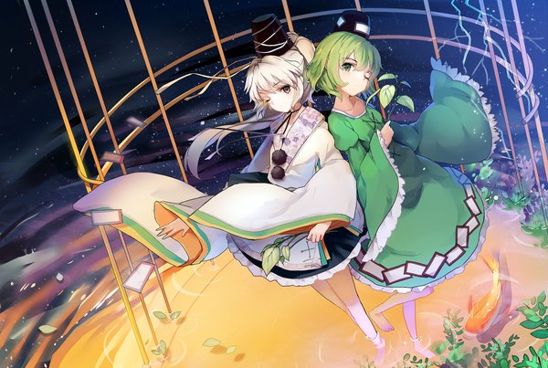 Anime picture 2000x1346 with touhou mononobe no futo soga no tojiko yukizakura (neon-neon) long hair highres short hair multiple girls brown eyes green eyes full body white hair one eye closed green hair wink girl dress 2 girls plant (plants) hat