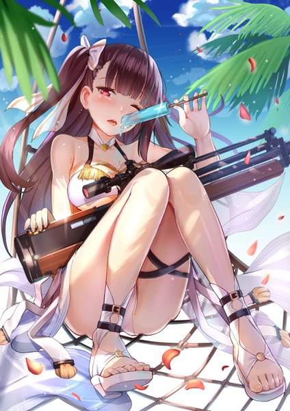 Anime picture 707x1000 with girls frontline wa2000 (girls frontline) qian wu atai single long hair tall image looking at viewer blush fringe breasts open mouth light erotic red eyes brown hair sitting bare shoulders holding sky cleavage cloud (clouds)