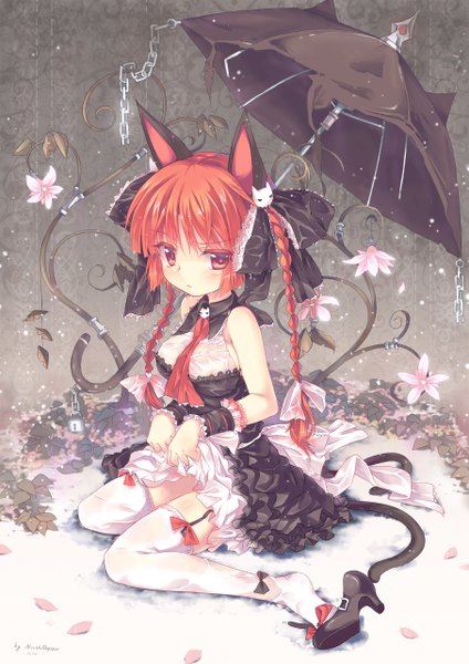 Anime picture 1810x2560 with touhou kaenbyou rin north abyssor single long hair tall image blush highres light erotic red eyes sitting bare shoulders animal ears absurdres red hair braid (braids) cat ears cat girl cat tail multiple tails