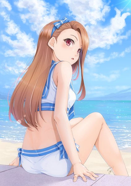 Anime picture 827x1169 with idolmaster minase iori miri (ago550421) single long hair tall image blush open mouth red eyes brown hair sitting bare shoulders signed sky cloud (clouds) bent knee (knees) outdoors looking back from behind bare legs