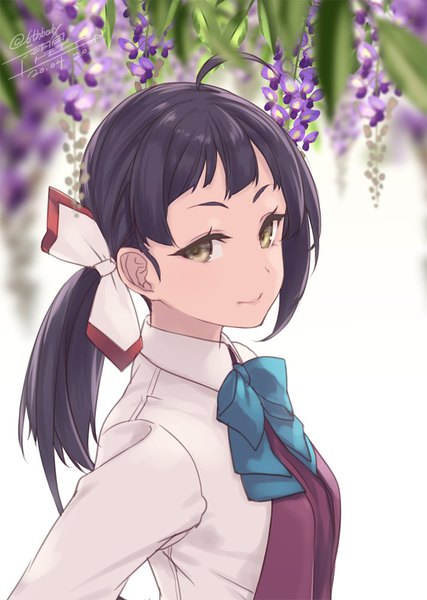 Anime picture 711x1000 with kantai collection fujinami (kantai collection) rokuwata tomoe single long hair tall image looking at viewer black hair signed yellow eyes upper body ahoge twitter username dated low ponytail girl uniform flower (flowers) school uniform wisteria