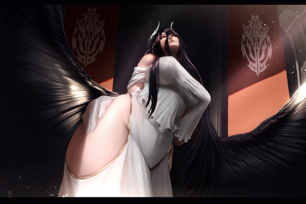 Anime picture 2700x1800 with overlord (maruyama) madhouse albedo (overlord) milk-doll single long hair fringe highres breasts light erotic hair between eyes large breasts yellow eyes looking away horn (horns) from below thighs hand on chest letterboxed low wings