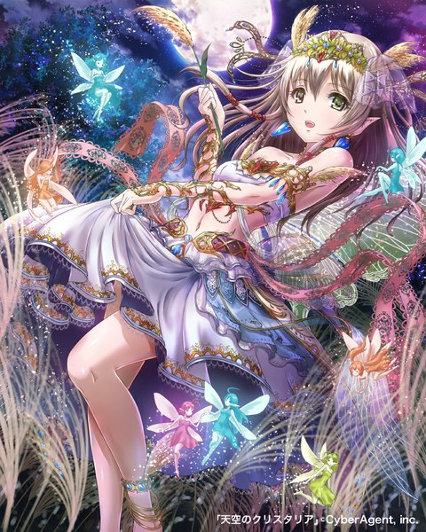 Anime picture 800x1000 with tenkuu no crystalia sakiyamama long hair tall image looking at viewer blush fringe open mouth blonde hair hair between eyes standing bare shoulders multiple girls holding green eyes payot cloud (clouds) outdoors light smile wind