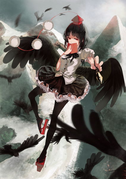 Anime picture 1000x1415 with touhou shameimaru aya hkj0230 (cc) single tall image fringe short hair breasts black hair red eyes holding short sleeves puffy sleeves covering black wings girl skirt bow animal shirt