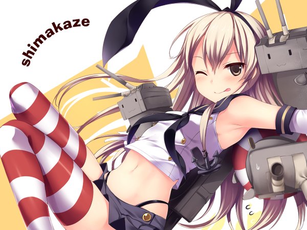 Anime picture 1280x960 with kantai collection shimakaze destroyer rensouhou-chan itou nanami single long hair looking at viewer blush light erotic blonde hair brown eyes one eye closed wink character names :p girl thighhighs gloves miniskirt elbow gloves