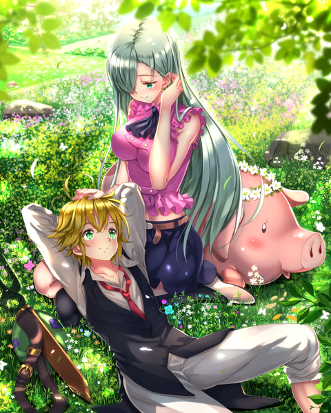 Anime picture 1191x1488 with nanatsu no taizai a-1 pictures elizabeth liones meliodas hawk (nanatsu no taizai) swordsouls long hair tall image blush fringe short hair breasts smile large breasts sitting green eyes silver hair ahoge bent knee (knees) outdoors