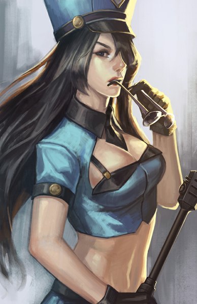 Anime picture 640x989 with league of legends caitlyn (league of legends) officer caitlyn noa ikeda single long hair tall image fringe black hair purple eyes lips hair over one eye short sleeves eyebrows sunglasses removed girl gloves uniform weapon necktie