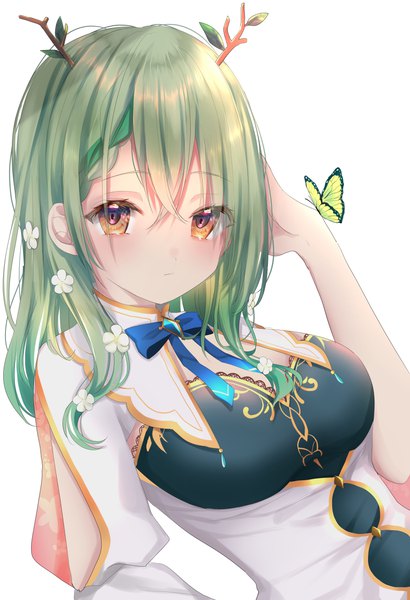 Anime picture 2677x3917 with virtual youtuber hololive hololive english ceres fauna ceres fauna (1st costume) moemoepiano single long hair tall image looking at viewer fringe highres simple background hair between eyes white background upper body horn (horns) green hair orange eyes butterfly on hand