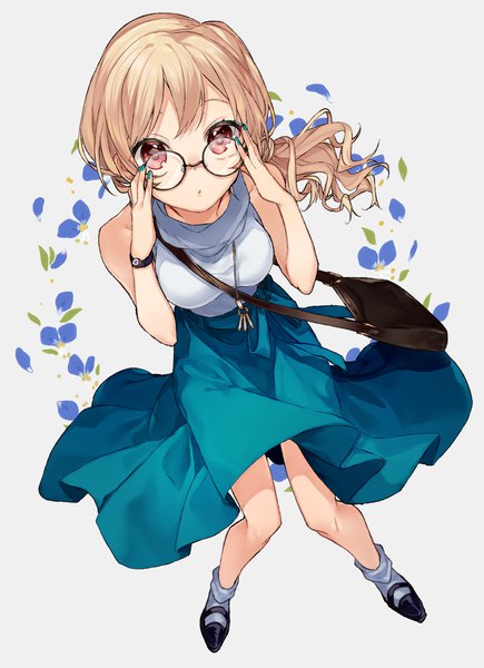 Anime picture 1449x1995 with original sogawa single long hair tall image looking at viewer fringe simple background blonde hair hair between eyes red eyes bare shoulders full body nail polish from above grey background :o sleeveless adjusting glasses aqua nail polish