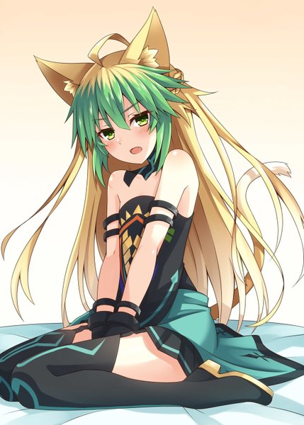 Anime picture 1072x1500 with fate (series) fate/grand order fate/apocrypha atalanta (fate) komori kuzuyu single long hair tall image looking at viewer blush fringe open mouth simple background blonde hair hair between eyes bare shoulders green eyes animal ears payot ahoge