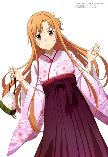 Anime picture 4088x5930 with sword art online a-1 pictures megami magazine yuuki asuna aquastar inc. single long hair tall image looking at viewer blush fringe highres simple background smile brown hair white background brown eyes absurdres traditional clothes japanese clothes