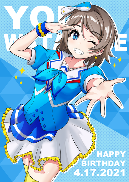 Anime picture 2268x3201 with love live! sunshine!! sunrise (studio) love live! watanabe you tkk ramune single tall image looking at viewer blush highres short hair breasts blue eyes simple background smile one eye closed grey hair wink teeth dutch angle