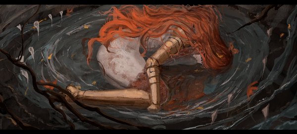 Anime-Bild 2048x929 mit elden ring malenia blade of miquella malenia goddess of rot schlangennest single long hair highres wide image full body red hair lying partially submerged on side embryo's pose girl water insect butterfly prosthesis