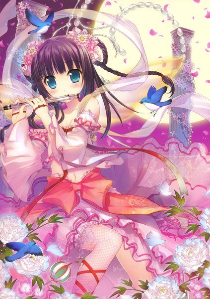 Anime picture 2466x3500 with original fujima takuya single long hair tall image blush highres blue eyes black hair traditional clothes girl hair ornament flower (flowers) detached sleeves animal petals bird (birds) moon musical instrument shawl