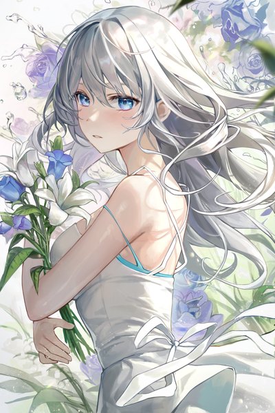 Anime picture 4000x6000 with original aibek single long hair tall image looking at viewer fringe highres breasts blue eyes hair between eyes standing absurdres silver hair parted lips wind sleeveless turning head strap slip girl