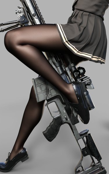 Anime-Bild 800x1280 mit original digiplant single tall image light erotic simple background standing bent knee (knees) pleated skirt grey background legs standing on one leg head out of frame between legs between thighs 3d girl skirt uniform weapon