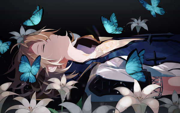 Anime picture 2000x1259 with genshin impact albedo (genshin impact) yoko (nz g) single highres short hair blonde hair upper body lying eyes closed profile on back black background boy flower (flowers) insect butterfly lily (flower)