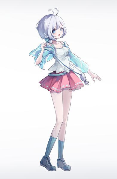 Anime picture 784x1200 with virtual youtuber .live dennou shoujo siro captain yue single tall image looking at viewer blush short hair open mouth blue eyes simple background standing white background silver hair full body ahoge braid (braids) alternate costume side braid