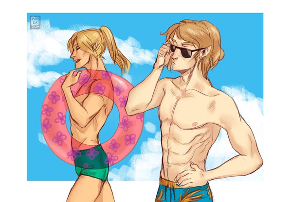 Anime picture 1807x1255 with the history of middle-earth gwindor gelmir kekovsky long hair highres short hair open mouth blonde hair brown hair looking away sky cloud (clouds) ponytail eyes closed profile multiple boys muscle abs boy