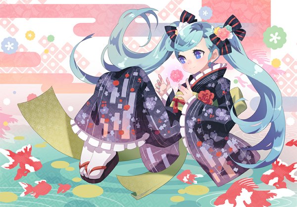 Anime picture 1081x756 with vocaloid hatsune miku bf. (sogogiching) blue eyes twintails japanese clothes hair flower aqua hair girl hair ornament ribbon (ribbons) kimono fish (fishes)