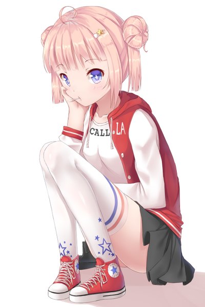 Anime picture 1000x1500 with original converse ji dao ji single tall image looking at viewer blush fringe short hair blue eyes simple background white background twintails payot pink hair ahoge bent knee (knees) blunt bangs open jacket shadow