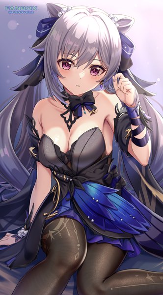 Anime picture 831x1500 with genshin impact keqing (genshin impact) keqing (opulent splendor) (genshin impact) ponnyu12 single long hair tall image looking at viewer blush fringe breasts light erotic hair between eyes large breasts sitting purple eyes twintails bare shoulders signed payot