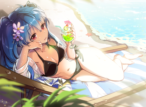 Anime picture 1000x737 with original saya (mychristian2) single long hair looking at viewer fringe light erotic red eyes twintails bare shoulders blue hair barefoot hair flower sunlight bare belly bare legs no shoes beach reclining sand