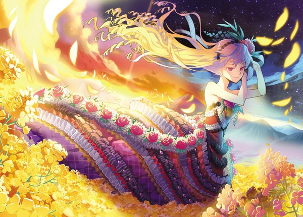 Anime picture 3400x2437 with sword girls cinia pacifica c.seryl single long hair highres blonde hair bare shoulders absurdres pink eyes multicolored hair two-tone hair girl dress hair ornament flower (flowers) petals frills