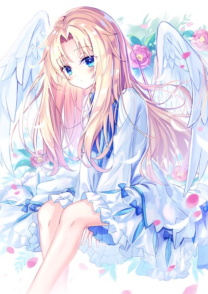 Anime picture 1013x1432 with tate no yuusha no nariagari kinema citrus firo (tate no yuusha no nariagari) satou (3366 s) single long hair tall image looking at viewer blush fringe blue eyes blonde hair sitting bent knee (knees) loli angel wings between legs girl dress flower (flowers)